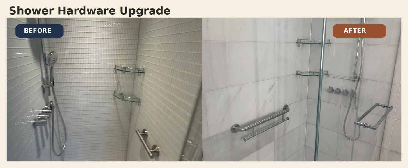 Before and after shower hardware upgrade