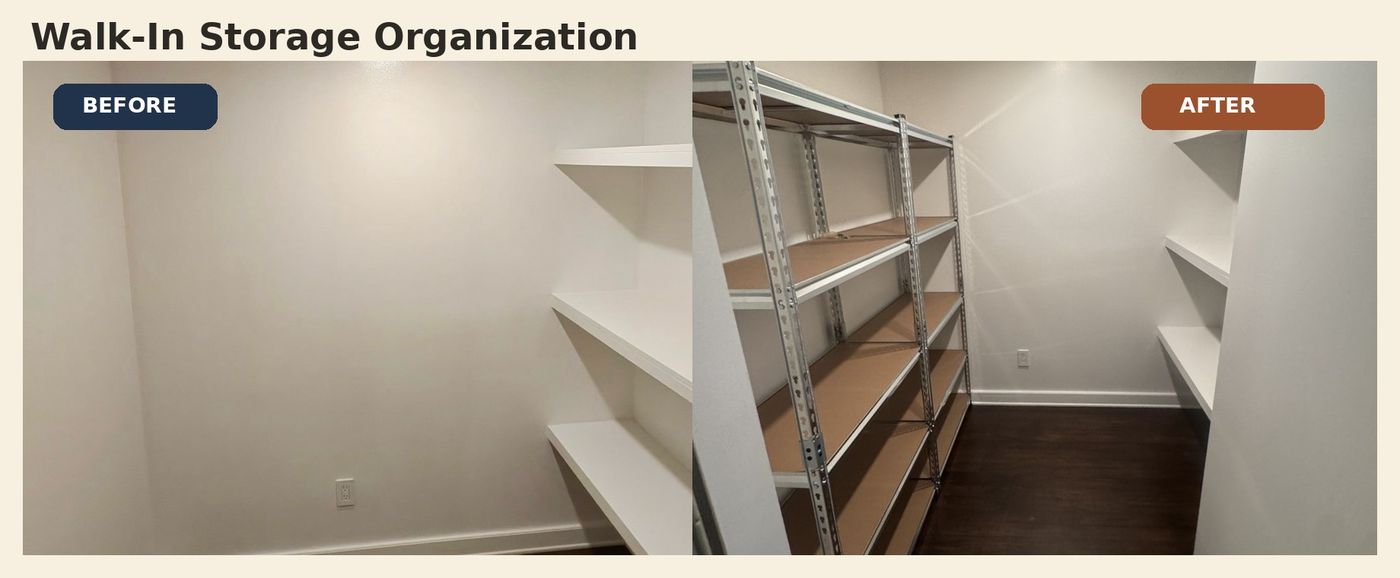 Before and after walk-in storage organization